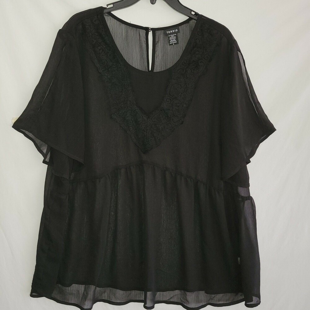 Torrid Women's Size 3 Black Lace Sheer Lined Slit Cold Shoulder Short Sleeve Top
